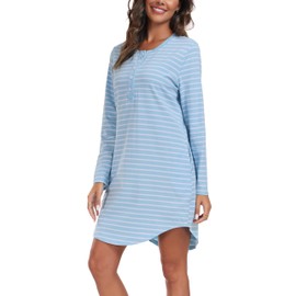 Vlazom Women’s Nightdresses Soft Cotton Nightshirt Stripes Long Sleeve Nighties Sleep Dress Sleepwear with Pockets A-Blue,L