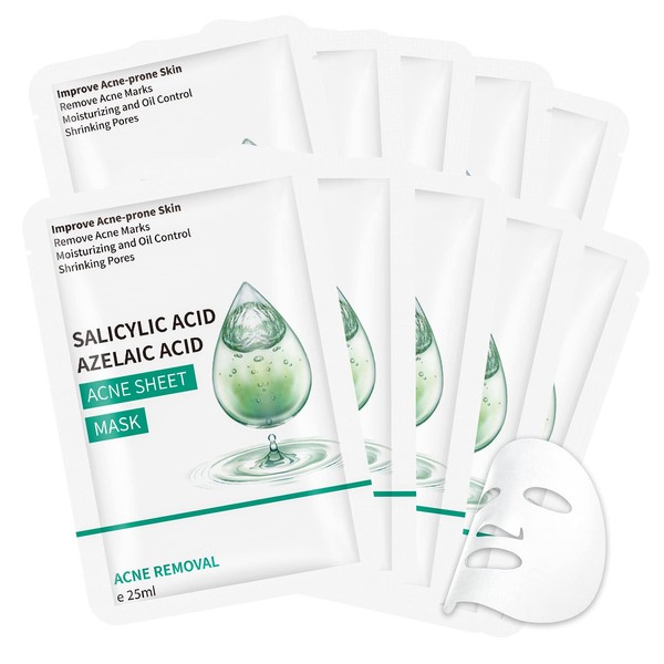 Anti Acne Face Mask Skincare, Salicylic Acid Acne Treatment Sheet Mask, Acne Facial Mask for Acne Prone Skin, Oil Control, Deep Cleansing Face Mask Skin Care, Soothe Redness, Pack of 10