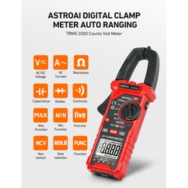 AstroAI Digital Clamp Meter Multimeter 2000 Counts Amp Voltage Tester Auto-ranging with AC/DC Voltage, AC Current, Resistance, Capacitance, Continuity, Live Wire Test, NCV, Black