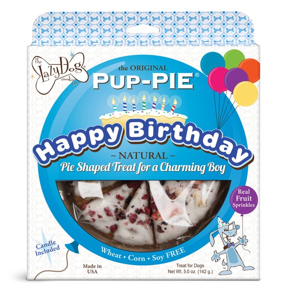 The Lazy Dog Cookie Co. Original Pup-Pie, Happy Birthday for a Charming Boy Dog, Dog Birthday Treat, Pre-Sliced into 10 Dog Biscuits, Made in USA, 6 in., 5 oz. (Pack of 1)