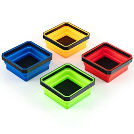 S AFSTAR 4 Pack Magnetic Foldable Parts Tray Set, Collapsible Bowl Set for Screws, Bolts, Nuts and Small Metal Parts, 4.5 Inches Square Silicone Tool Trays, Red, Blue, Orange and Green