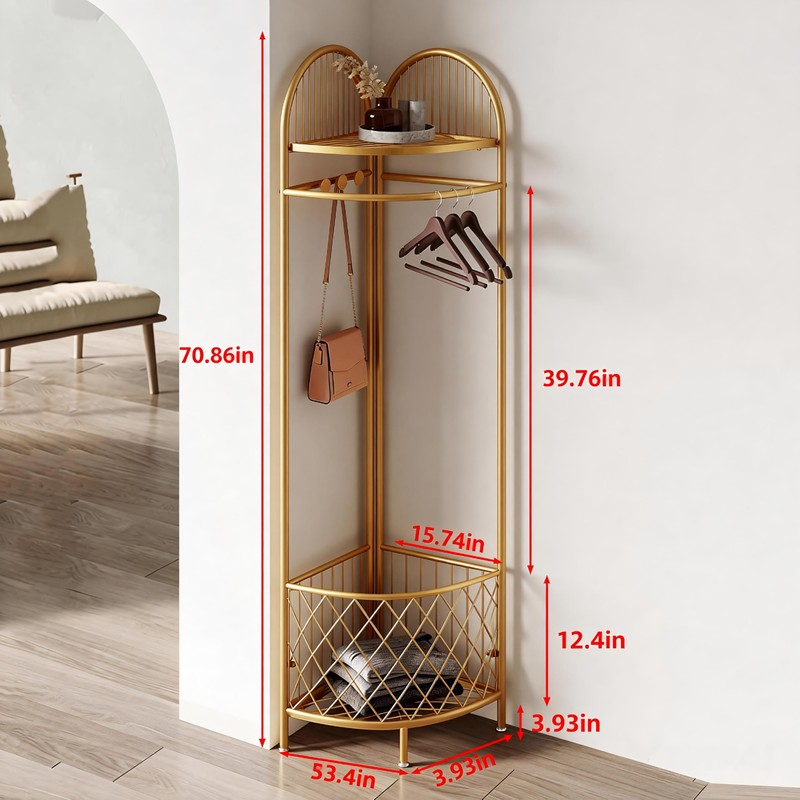 HKaikzo Corner Coat Rack, Gold Clothes Rack with 6 Metal