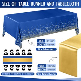 Breling 24 Packs Navy Blue and Gold Disposable Plastic Tablecloths and Satin Table Runner Set, 54 x 108 Inch Tablecloth, 12 x 108 Inch Table Runners for Wedding Graduation Birthday Baby Shower