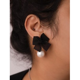 Sacina Black Bow Stud Earrings, Bow Earrings for Women, Ribbon Earrings, Imitation-Pearl Earrings, Christmas Jewelry Gifts for Women