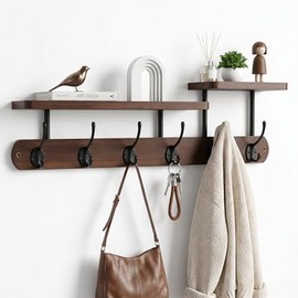 Wall Coat Rack with Shelf, Wooden Coat Rack with 6 Hooks for Hallways, Wardrobes, Bedrooms (59 cm) (Dark Wood Colour)