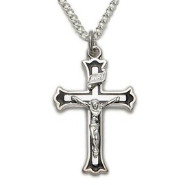 TrueFaithJewelry Sterling Silver Crucifix Cross Pendant Necklace with Black Enamel Border Religious Jewelry, 1 Inch