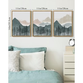 KUVIOKE Mountain Landscape Framed Wall Art Boho Nature Forest Paints Rustic Farmhouse Decor for Bedroom Dining Room Living Room 11x14in (Natural Framed)