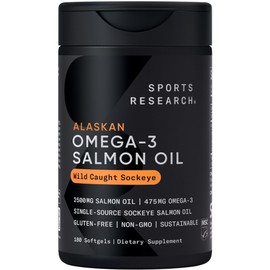 Sports Research® Salmon Oil - Single-Source Wild Alaskan Sockeye | 2500 mg per Serving w/EPA & DHA Fatty Acids | MSC Certified - 180 Count Softgels