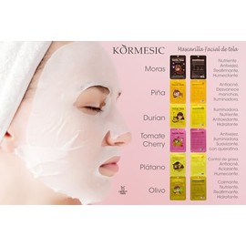 Kit de 12 Mascarillas faciales coreanas surtidas - Ceramidas, resveratrol, acido hialuronico, oligopeptidos, colageno, nicotinamidas, esencias de plátano, moras, duria, olivo, piña y tomate cherry