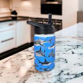 Shark Hammerhead Shark Kids Water Bottle for School with Straw Lid,12oz Stainless Steel Insulated Water Bottle for Boys & Girls,Leak Proof Lid with Handle & Touch Free Spout (A08)