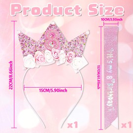 COLANANA 8th Birthday Decorations, Headband and 8 Year Old Glitter Sash Decoration for Girls,Flower Princess Headband for Birthday Girl Outfit