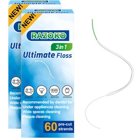 RAZOKO Dental Floss for Braces, 3 in 1 Ultimate Floss Pre-Cut Strands, 60 Count (Pack of 2) | RAZOKO