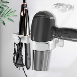 Wall-Mounted Hair Dryer & Styling Tool Holder, Adhesive Organizer for Bathrooms, Flat Irons, Curling Irons & Accessories (Silver, Standard)