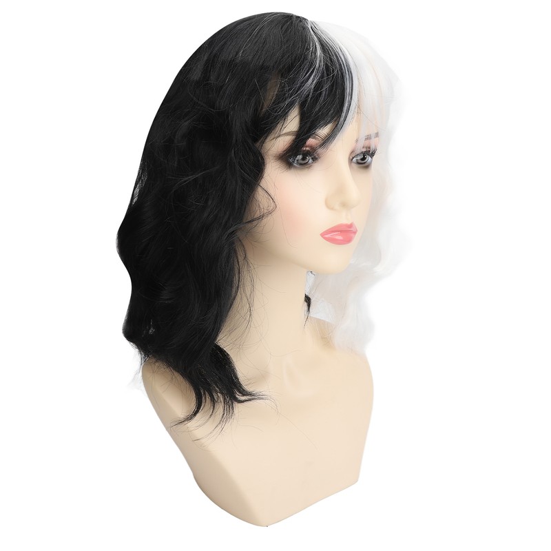 Black and White Short Curly Wig Women Cosplay Party Shoulder