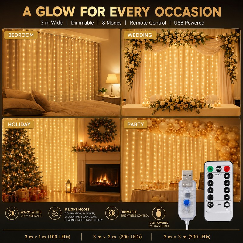 USB LED Curtain String Lights with Remote, 8 Modes Copper