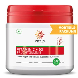 Vitals - Vitamin C + D3 120 Fruchtgummis für Kinder. 100% vegan und Frei von zugesetzten Zuckern. Großzügige Dosen Vitamin C und D3 pro Fruchtgummi.