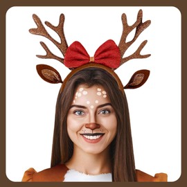 Axinyijia Deer Ears Reindeer Headband, Deer Costume Accessory with Face Tattoo for Women and Girls, Deer Reindeer Headband for Carnival, Fancy Dress, Theme Party, Cosplay