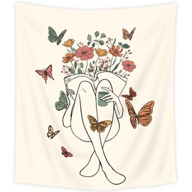 SVBright Abstract Woman Fabric Wall Hanging Tapestry 51Wx59H Inch Boho Butterfly Floral Reading Book Minimalist Aesthetic Modern Simple Line Sketch Beige Home Decor Art for Living Room Bedroom Dorm