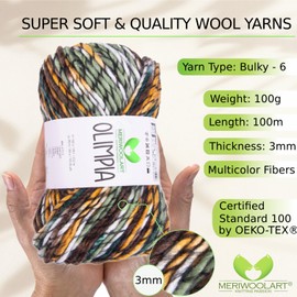 MeriWoolArt Merino Wool for Knitting - 100 m Multicoloured Thick Soft Merino Wool for Knitting for Sweater Jackets - XXL Hand Knitting Wool - Voluminous DIY Wool for Scarves Blankets Scarves Gifts