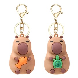 LunarCharm 2 Piece Capybara Keyring, Capybara Animal Figurine, Fun Keyring for Backpack, Cute Capybara Keyring, Capybara with Turtle in Arm