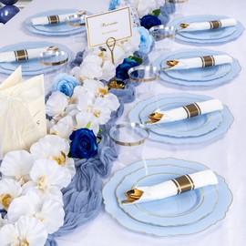 Liacere 175PCS Bule Plastic Plates - Disposable Ligh Bule and Gold Plates - Baroque Plastic Dinnerware 50Plates, 25Pack Pre Rolled Napkins with Silverware 25Cups for Baby Shower Party & Wedding