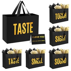 Epoesch 5 Senses Gift Bags for Him With Labels And Tissue Paper,12.6"X8.7"X4" Sight Smell Touch Taste Sound Black Medium Size Gift Bag for Men, Birthday, Anniversary, Wedding, Father's Day