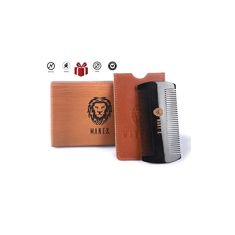 Premium 100% Oxhorn Dual-Action Beard Comb with Genuine Leather Case