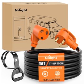 Nilight 30 Amp 15FT RV Extension Cord 125V Heavy Duty 10 Gauge Pure Copper STW Wire UL ETL Listed 3 Prong TT-30P TT-30R 30F/30M Weatherproof Suit for Camper Caravan Trailer