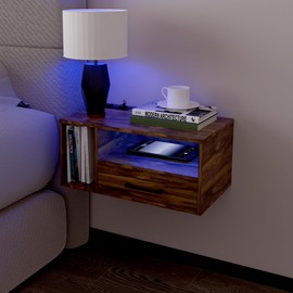 Homaterial Floating Nightstand with Charging Station and LED Lights, Floating Bedside Table with Drawers Wall Mounted Nightstands,for Bedroom Room, 21.3" x 11.8" x 10",Rustic Brown