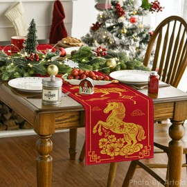 Artoid Mode Chinese Zodiac Horse 2026 Happy Lunar New Year Table Runner, Spring Festival Winter Kitchen Dining Table Decoration for Home Party 13x72 Inch