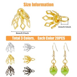SUPERFINDINGS 60Pcs 3 Colors Brass Filigree Bead Cap Bails Flower Bead Caps 7-Petal Filigree Prong Spacer Beads for Earrings Bracelets Necklaces Jewelry DIY Craft, Hole: 3mm