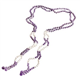 Gem Stone King Cultured Freshwater Pearl and Purple Amethyst Knot Necklace 2 Separable Strands