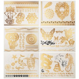 Glaryyears Metallic Gold Silver Temporary Tattoos, Large Big Fake Flash Glitter Animals Tattoo Stickers, 6 Pack for Women Men Adults Girls Body Beach Festivals Parties, Butterfly Ocean Beast Designs