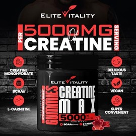 Elite Vitality Elite Vitality, Max 6000mg - 90 Creatine Monohydrate Gummies, Plus 500mg BCAAs + 500mg L-Carnitine - Premium Workout, Gym Supplement for Men & Women - Vegan & Sugar-Free - Strawberry Burst
