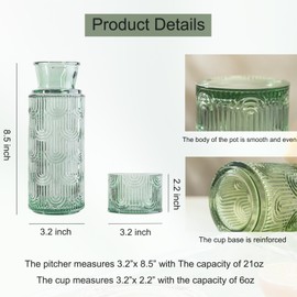 Bedside Water Carafe and Glass Set, 21.6 Oz Glass Pitcher with 6 Oz Drinking Cup Lid, Multi-Functional Mouthwash Dispenser for Bathroom Counter, Nightstand or Kitchen, Water Bottle Set