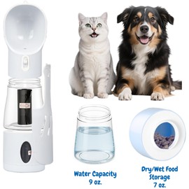 All-in-One Portable Dog Water Bottle, Food Dispenser, Poop Bag Dispenser, Dry/Wet Food Container 7 oz., Travel Water Bottle 9oz., 2 Poop Bags Included, Food Grade Plastic, Leak Proof-Grey Color