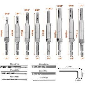 Yakamoz 16 in-1 Center Drill Bit Set, 8pcs 1/4" Hex Shank Self Centering Hinge Hole Drilling Tool Kit for Woodworking Window Door Hinge with 1 Hex Key & 8 Replacement Drill Bits & Plastic Storage Case