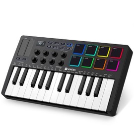 Vangoa 25 Keys Midi Keyboard Controller, Mini Portable Beat Maker Machine with Backlit Drum Pads, 8 Knoks, 8 RGB Beating Pad for Music Production, Velocity Sensitive, LED Display, Arpeggiator, Black