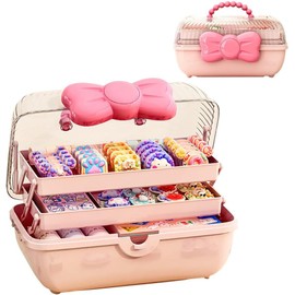 Organizador de Accesorios para el Cabello de 3 Capas para Niñas con Cierre de Lazo Bonita Caja de Joyería Diadema Organizador de Ligas y Clips para el Cabello para Niñas Pequeñas - Rosa