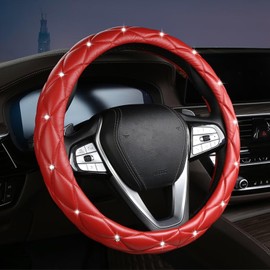 Bling PU Leather Steering Wheel Cover,Universal 15 Inch Crystal Rhinestones Elastic Steering Wheel Protector for Women Girls,Car Interior Accessories Red