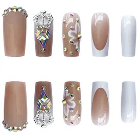 24 Pieces Medium Length False Nails Flower Fake Nails Rhinestone Fake Nails Crown False Nails Pink and White False Nails Holiday Gift for Women and Girls