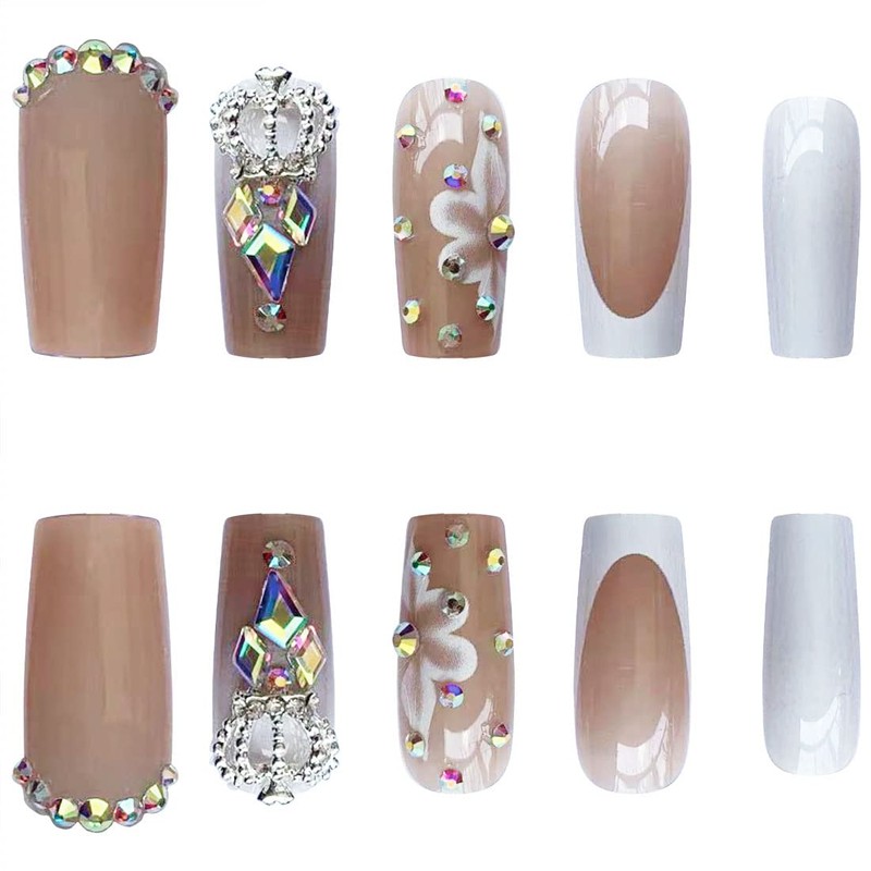24 Pieces Medium Length False Nails Flower Fake Nails Rhinestone