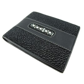PELGIO Genuine Row Diamond Stingray Skin Leather Soft Bifold Wallet (Black)