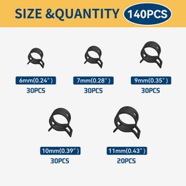 Quevaeco 140PCS Spring Hose Clamps Assortment, 6/7/9/10/11mm Fuel Line & Automotive Hose Clamp, Small Spring Clamps, Spring Band Tube Clips for Air Line, Water, Silicone & Vacuum Hoses (black)