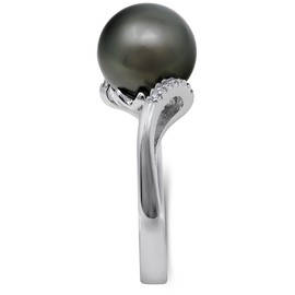 KOKAV 925 Sterling Silver Genuine Tahitian Pearl 10mm, Diamond Ring. (7)