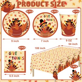 101 Pcs Thanksgiving Party Supplies Fall Thanksgiving Tableware Set Disposable Turkey Maple Leaves Paper Plate Cups Napkins Plastic Tablecloth for Fall Harvest Thanksgiving Party Decorations, Serve 25