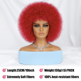 YOKAS Afro Wigs for Black Women 70s Puff Short Afro Kinky Curly Wig with Bangs for Men 10 Inch Natural Looking Fluffy Large Bouncy Synthetic Hair Big Afro Wig for Daily Party Use（#Red）