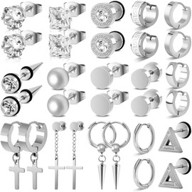 XINNSTAR 15 Pairs Silver Stainless Steel Earrings for Men, Hoop Stud Earrings Set Hypoallergenic Cross Dangle Hinged Earrings Set Gifts for Men Women Fashion Jewelry