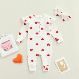 ZZLBUF Newborn Baby Clothes Infant Girl Cute Heart Ruffle Button Romper Jumpsuit Headband Valentine's Day Outfits Sets (White, 3-6 Months)