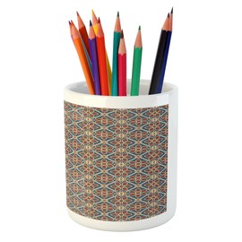 Ambesonne Eastern Pencil Pen Holder, Oriental Cultural Motif Swirled Curved Petals Wild Flora Themed Squares, Ceramic Pencil Holder for Desk Office Accessory, 3.6" X 3.2", Multi 1